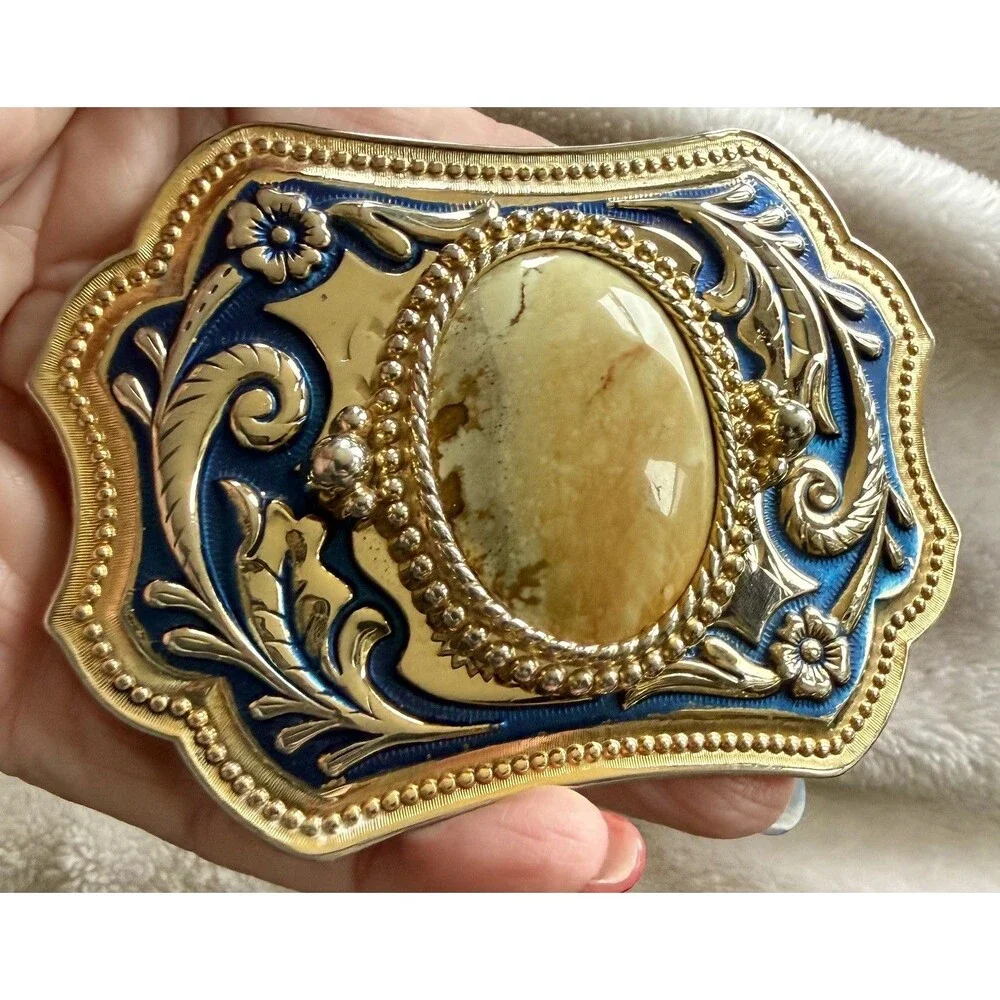 Belt BUCKLE Polished Agate Stone Western Gold Blue Scroll Brass 1970’s Vintage